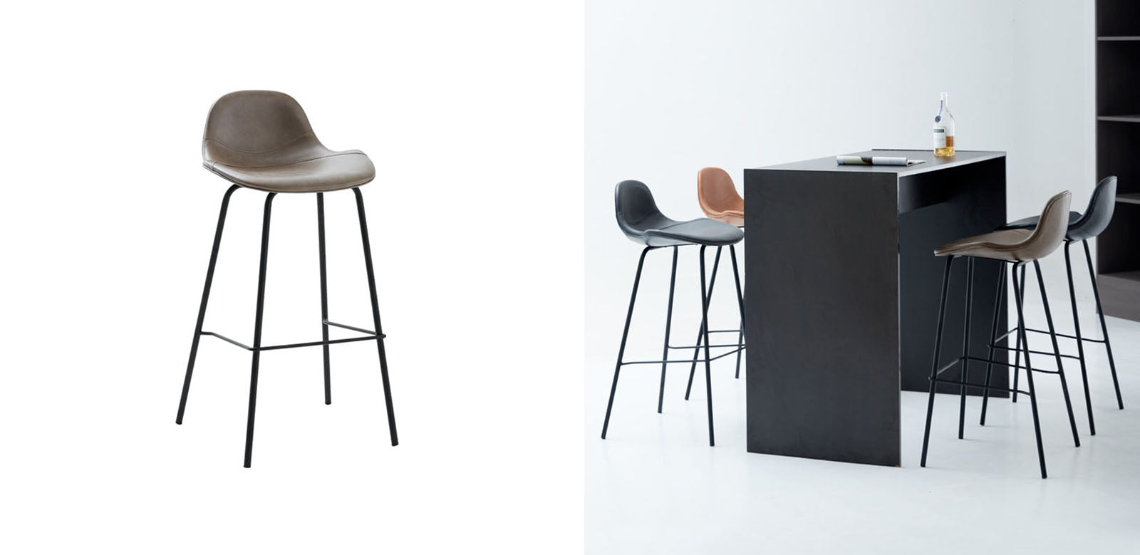 Modern upton nordic bar stool with dark gray leather seat and slim black metal legs for stylish seating