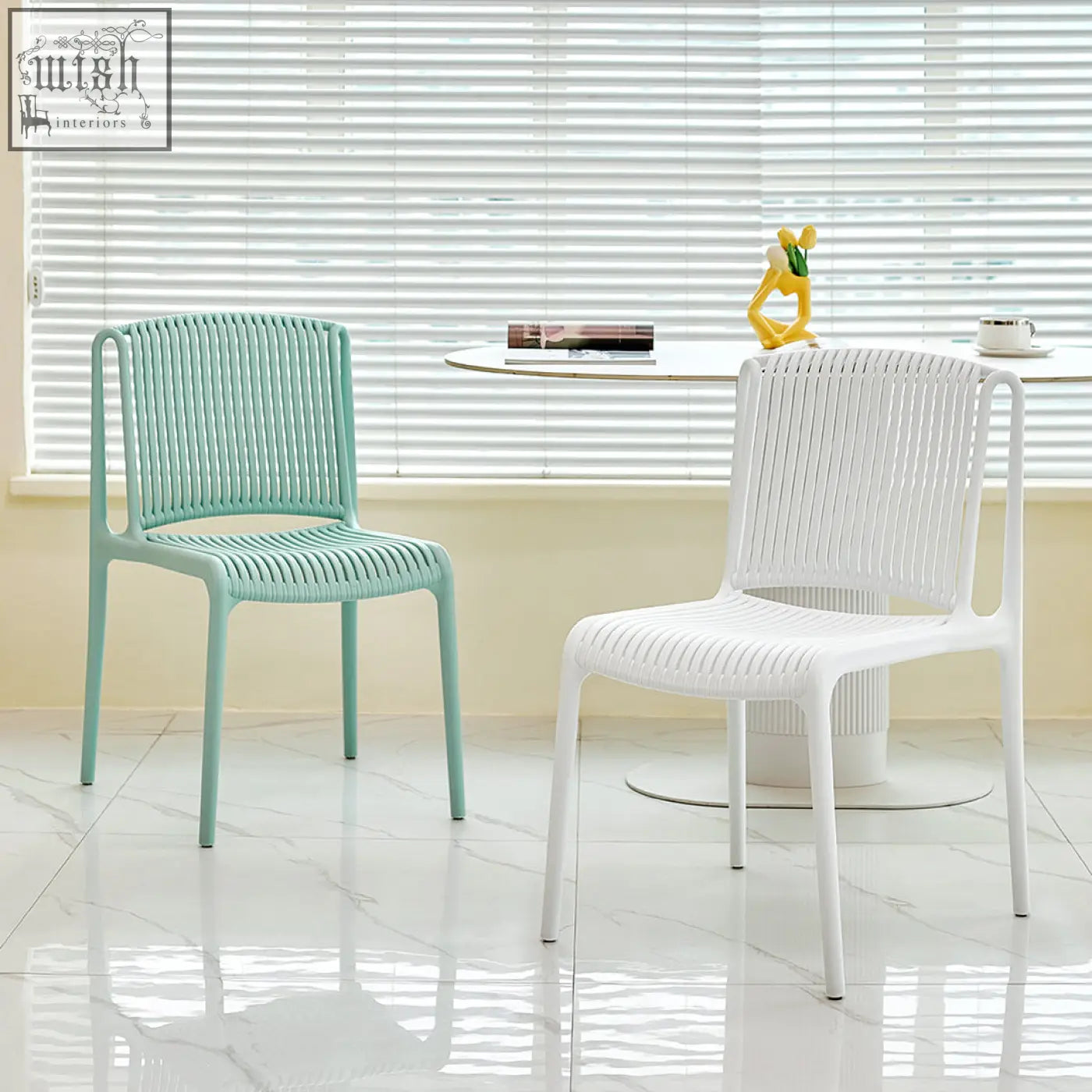 Mint green and white plastic woven upton plastic dining chair with vertical ribbed design for outdoor use