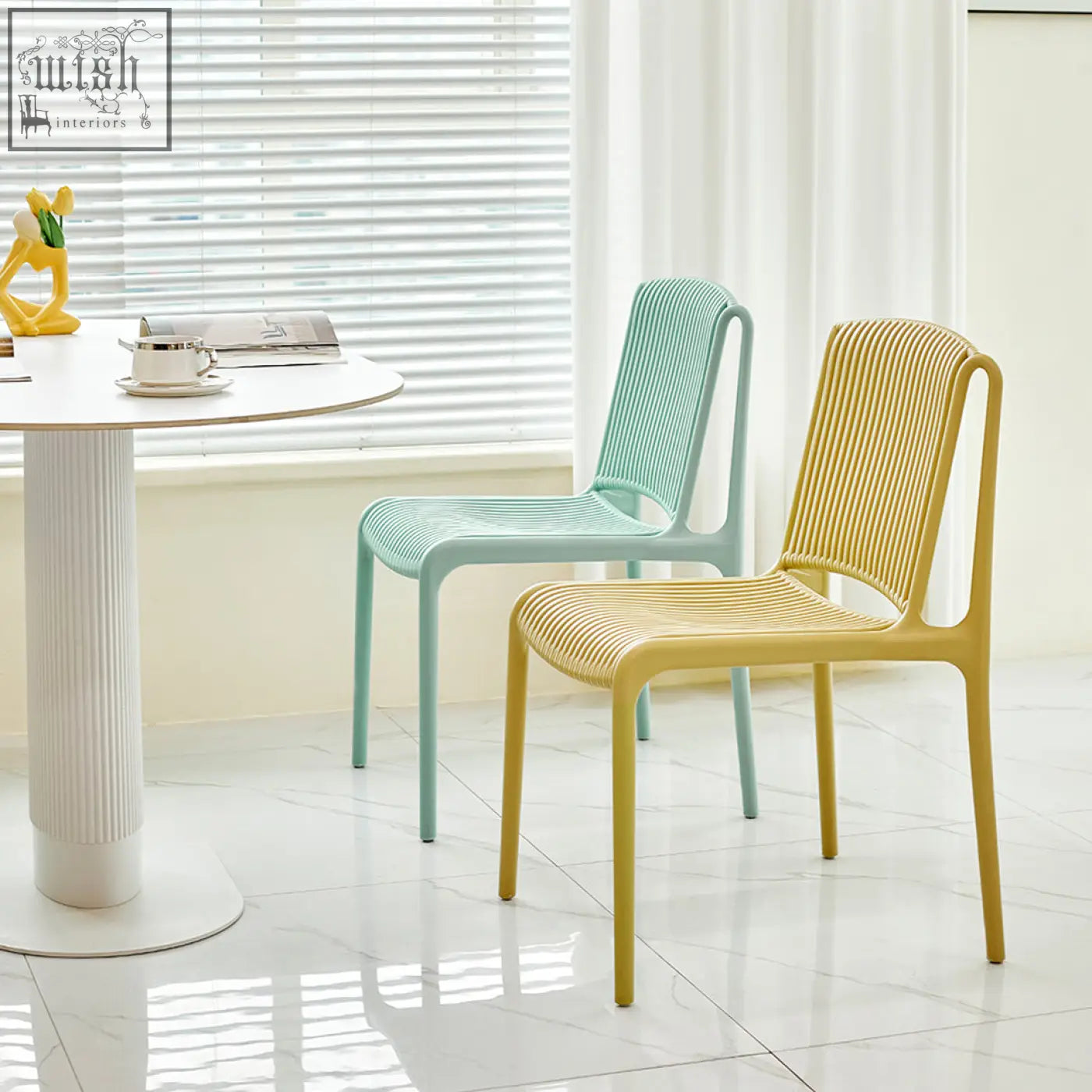 Two modern upton plastic dining chairs with woven ribbed backs and seats in mint green and mustard yellow