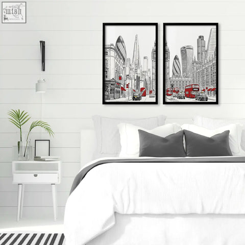 Black-framed urban artwork wall art featuring london skyline with iconic buildings and red double-decker buses in minimalist style