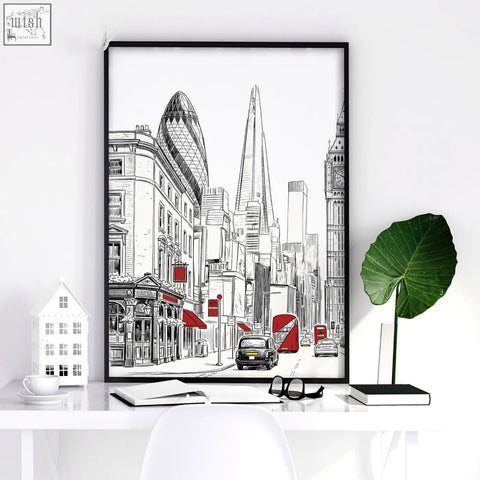 Black-framed urban artwork wall art with minimalist london skyline line-art and selective red accents set of 2