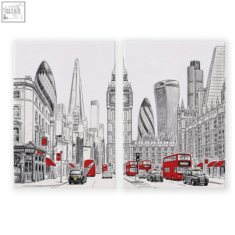 Black-and-white urban artwork canvas set featuring london skyline with iconic landmarks and red double-decker buses wall art