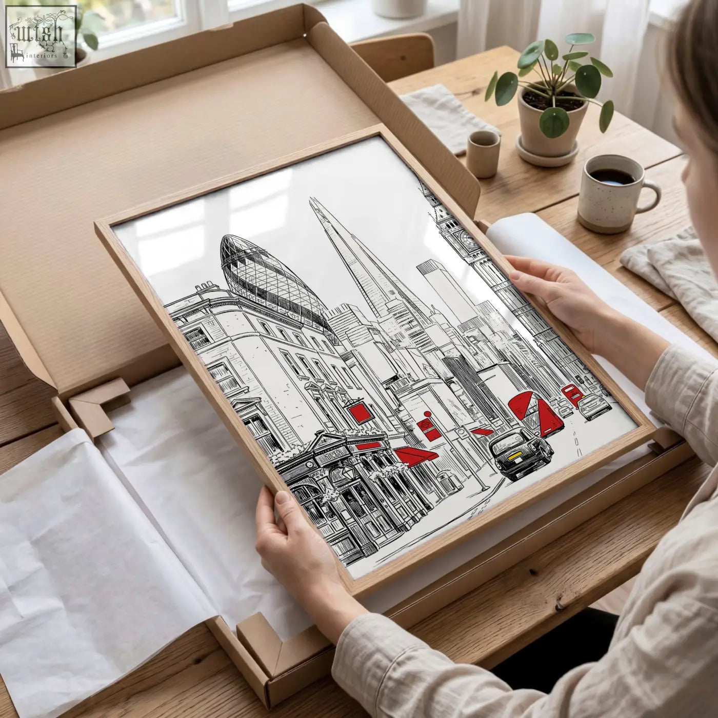 A framed black-and-white london skyline wall art with red accents featuring the gherkin and big ben urban artwork