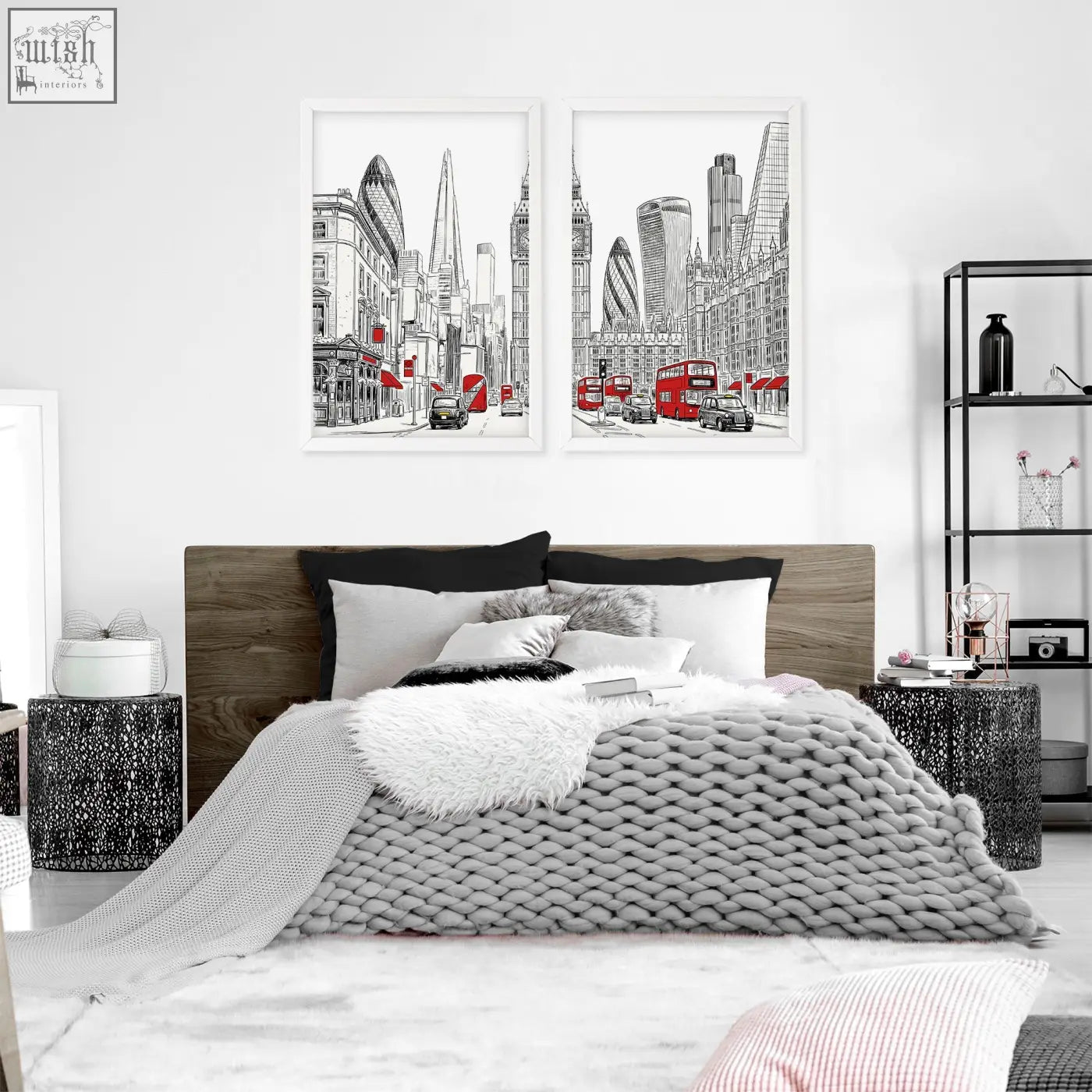 Gray chunky knit throw blanket draped on a bed with urban artwork london skyline sketch wall art prints set of 2