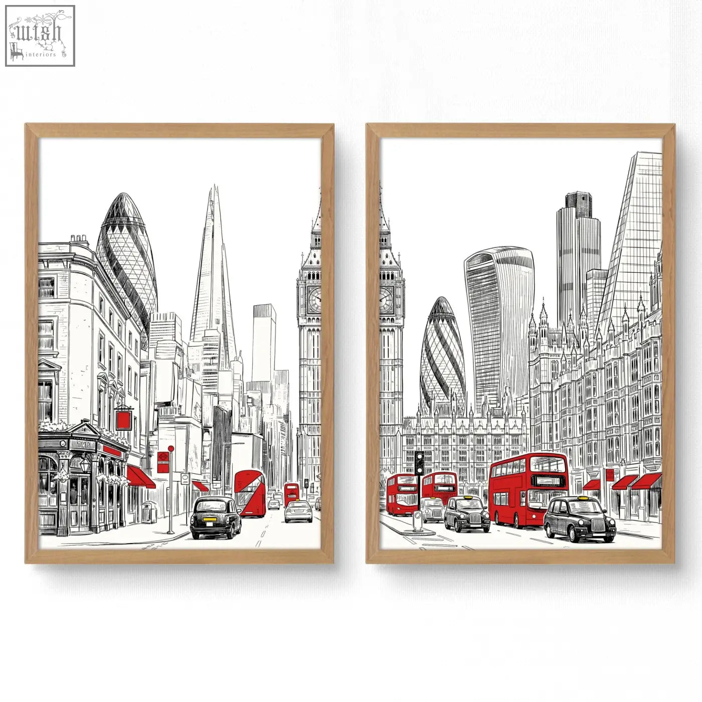 Set of two framed london skyline wall art prints featuring black and white line art with red double-decker buses urban artwork