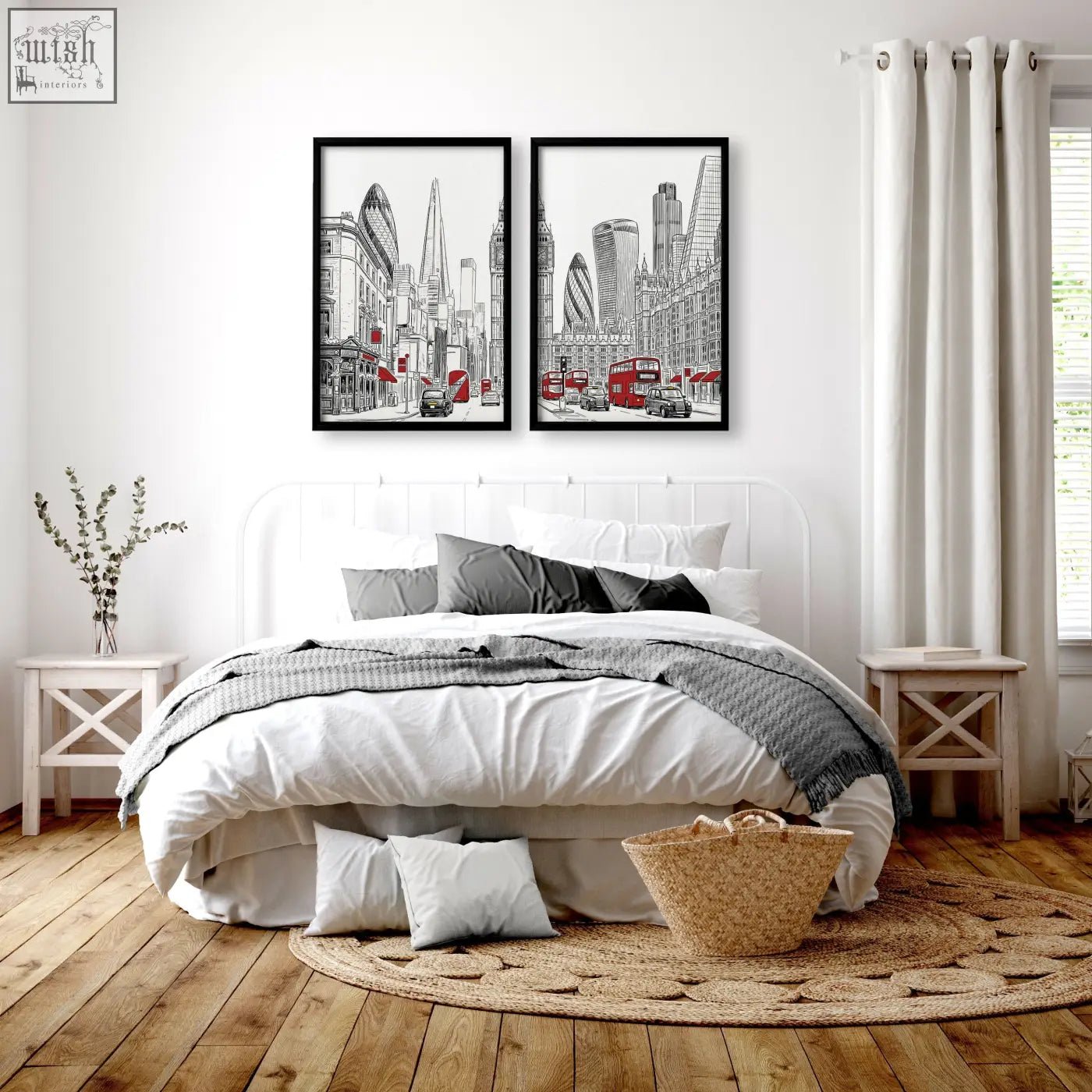 Two black-framed urban artwork wall art prints featuring london skyline with red double-decker buses in monochrome design