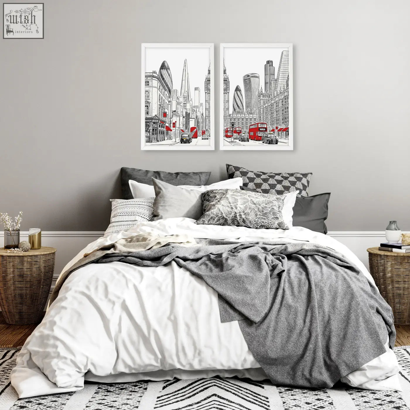 Two framed black and white urban artwork prints with red accents featuring london skyline and double decker buses wall art