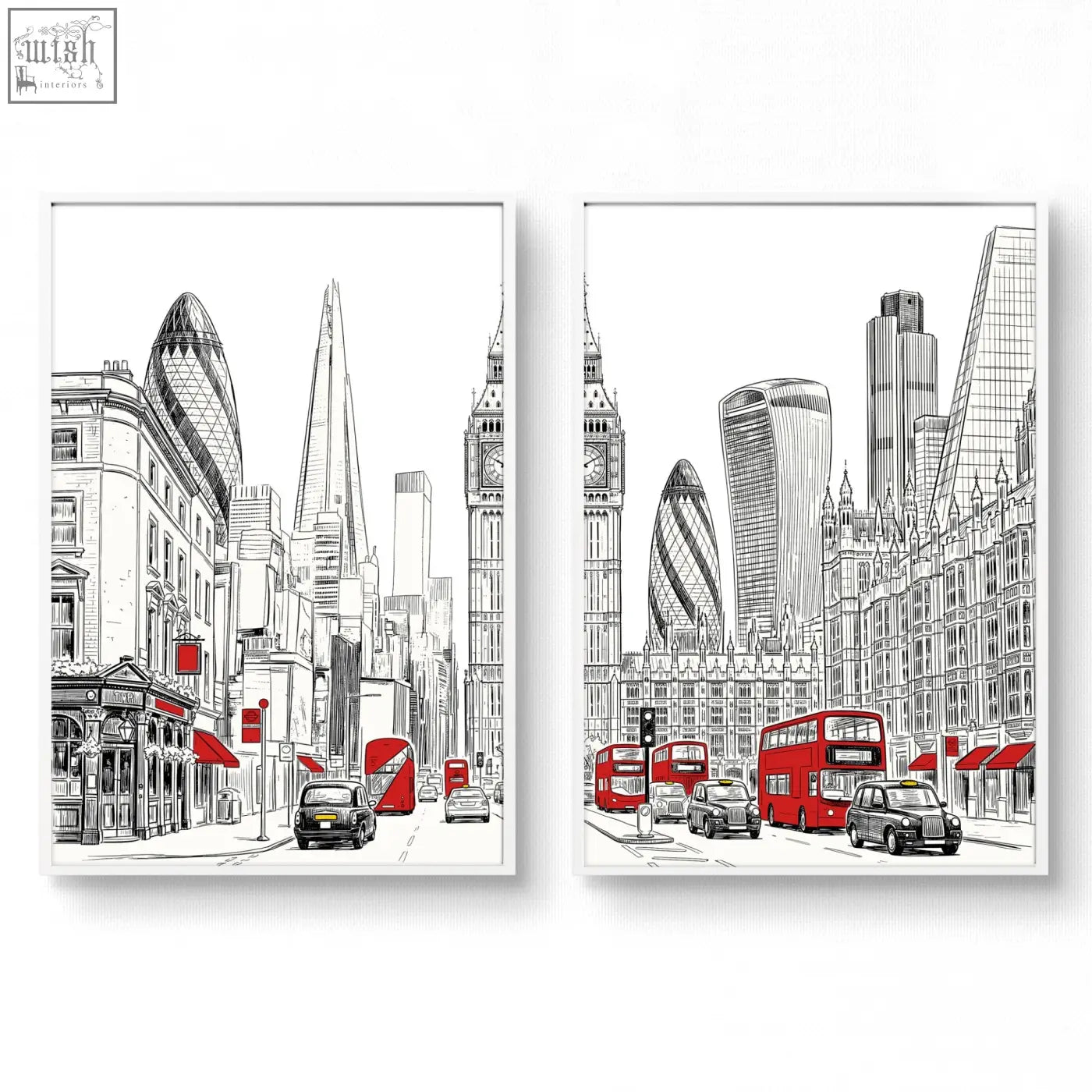 Two framed black-and-white line art wall art prints with red accents featuring london skyline and iconic urban artwork