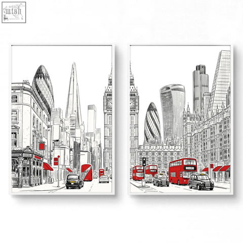 Two framed black-and-white line art wall art prints with red accents featuring london skyline and iconic urban artwork