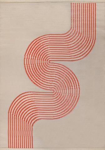 Beige fabric urban outdoor rug terra with bold wavy red stripes perfect for stylish outdoor spaces