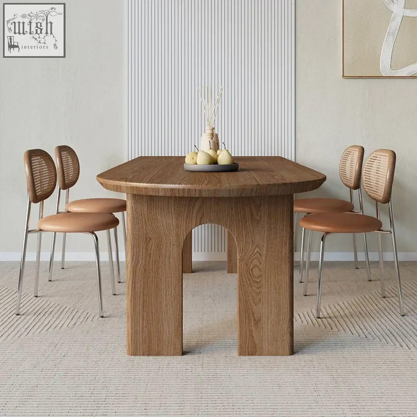 Light brown wooden uta dining table with rounded edges and distinctive arched center support for dining use