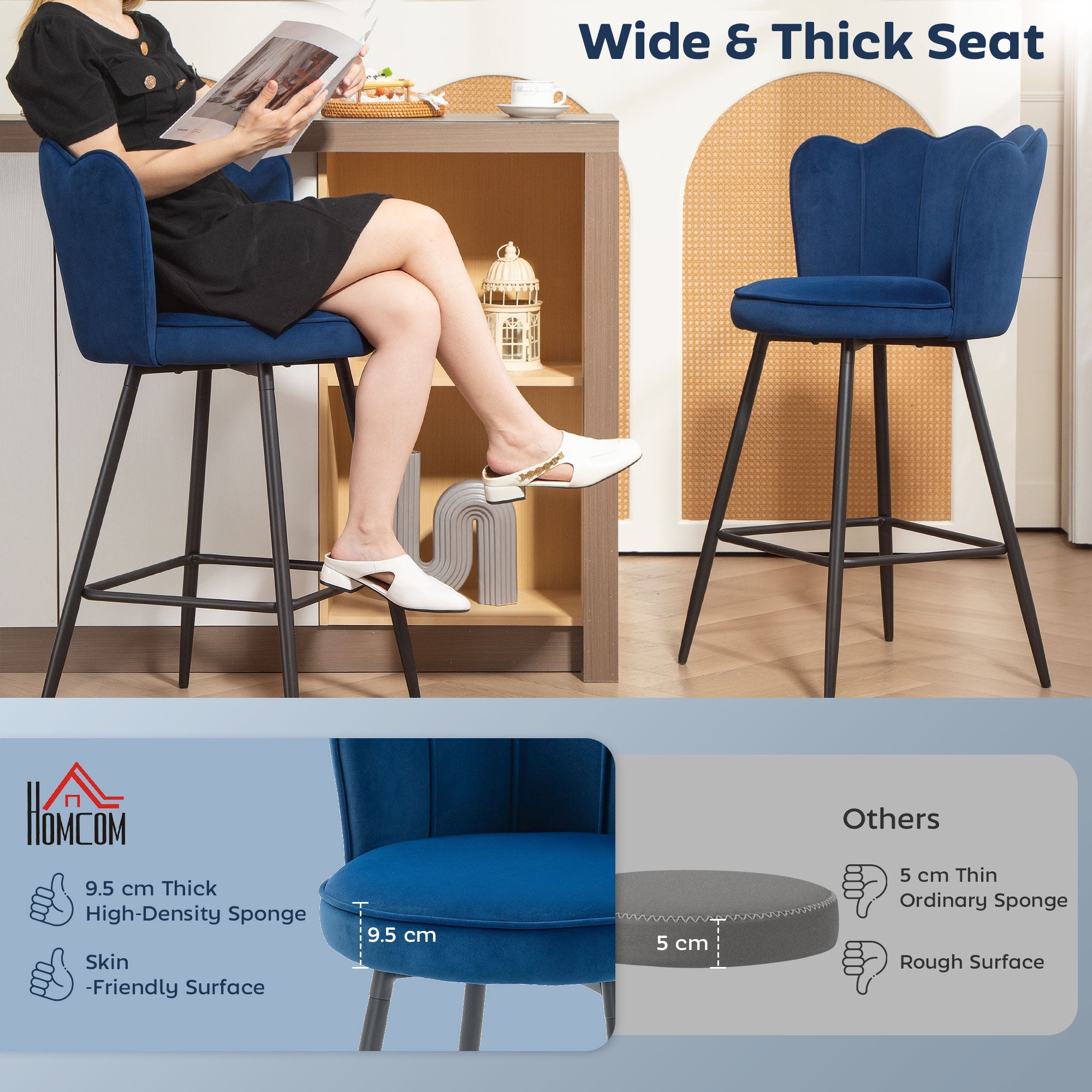 HOMCOM Set of Two Velvet-Feel Lotus Bar Stools - Dark Blue