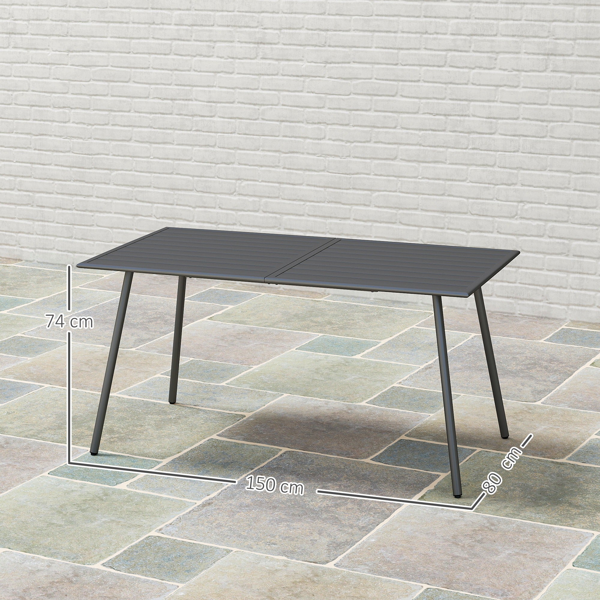 Outsunny Rectangle Garden Table with Slat Top, Steel Frame, Outdoor Table for 6 Person, 150 x 80 x 74 cm, Grey