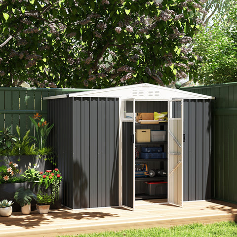 Outsunny 8 x 4 ft Metal Garden Shed, Garden Storage Shed with Window, 4 Vents and Lockable Door, Waterproof Galvanised Steel Tool Storage Shed, Dark Grey