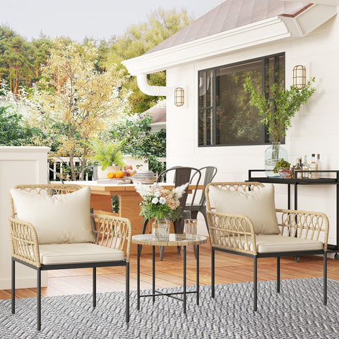 Outsunny 3 Piece Rattan Bistro Set, Wicker Garden Furniture Set with Cushions, Glass Top Coffee Table and Chairs for Outdoor, Patio, Balcony, Beige