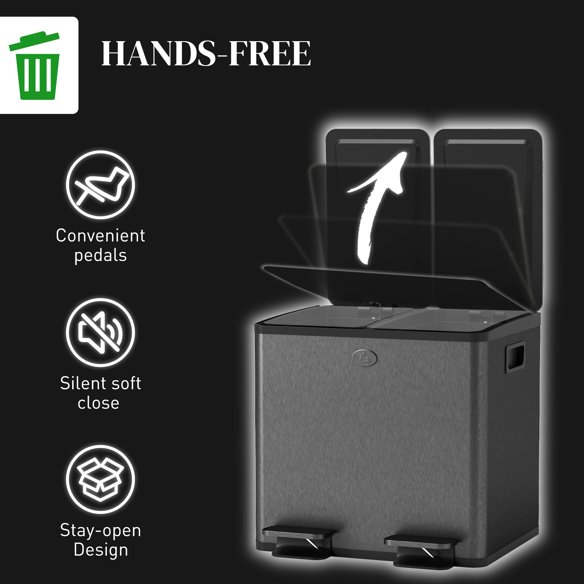 HOMCOM 30L Dual Compartment Stainless Steel Bin, with Deodoriser Holders - Black