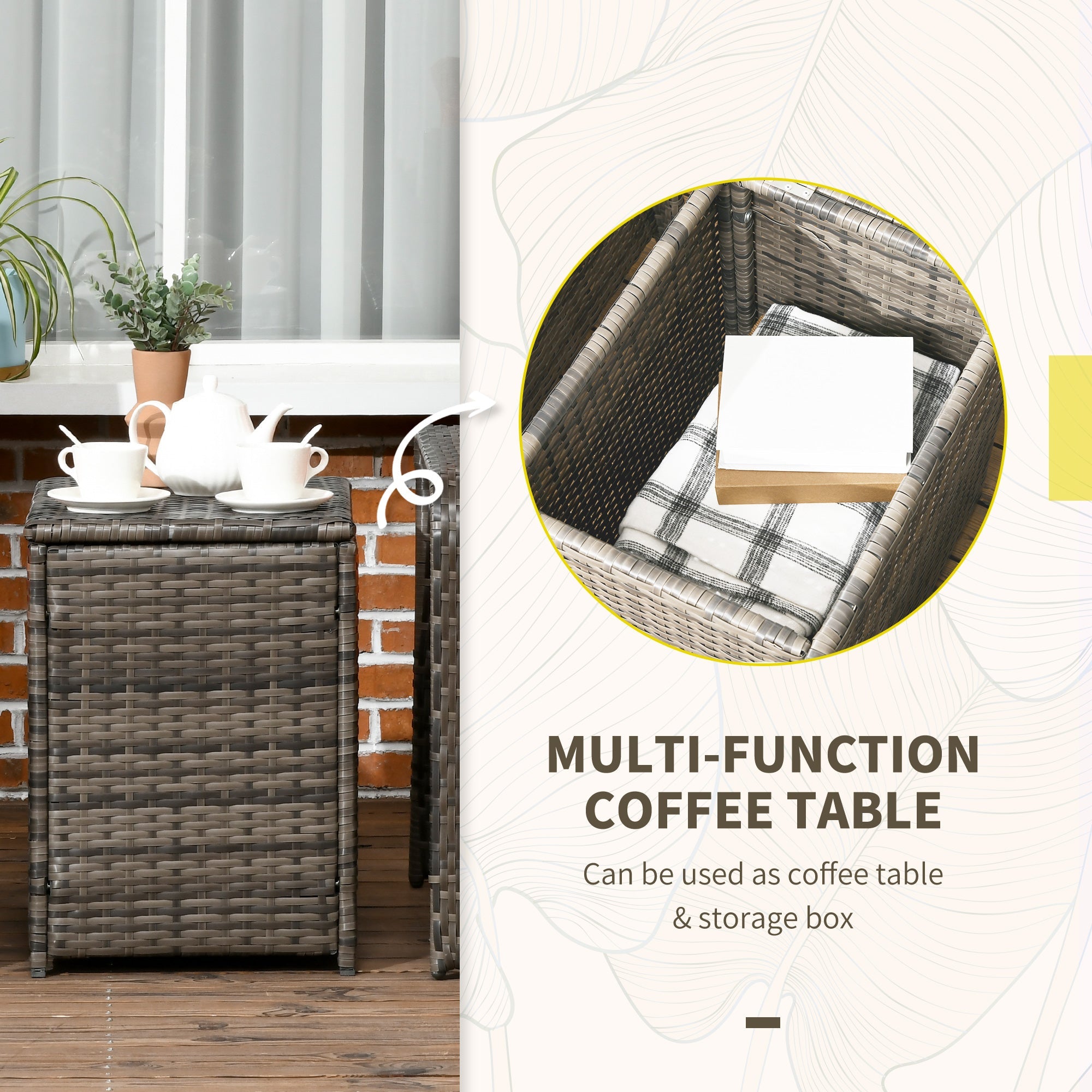 Outsunny 3 Pieces Rattan Bistro Set, Wicker Garden Furniture Set with Storage  Coffee Table and Chairs, Thickened Cushions for Outdoor, Patio, Balcony, Grey