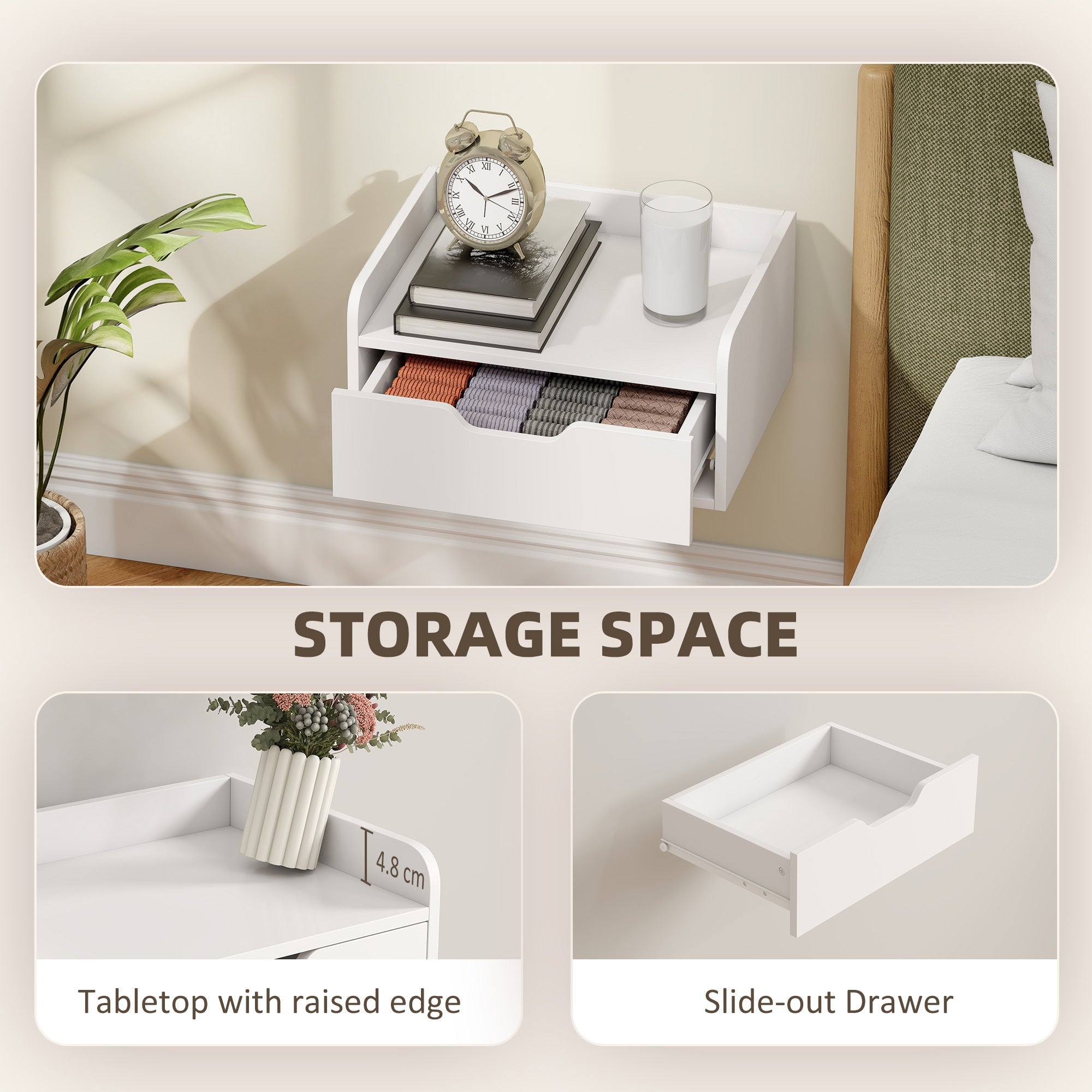 HOMCOM Floating Nightstands Set of 2, Wall Mounted Bedside Table with Drawer for Bedroom, White