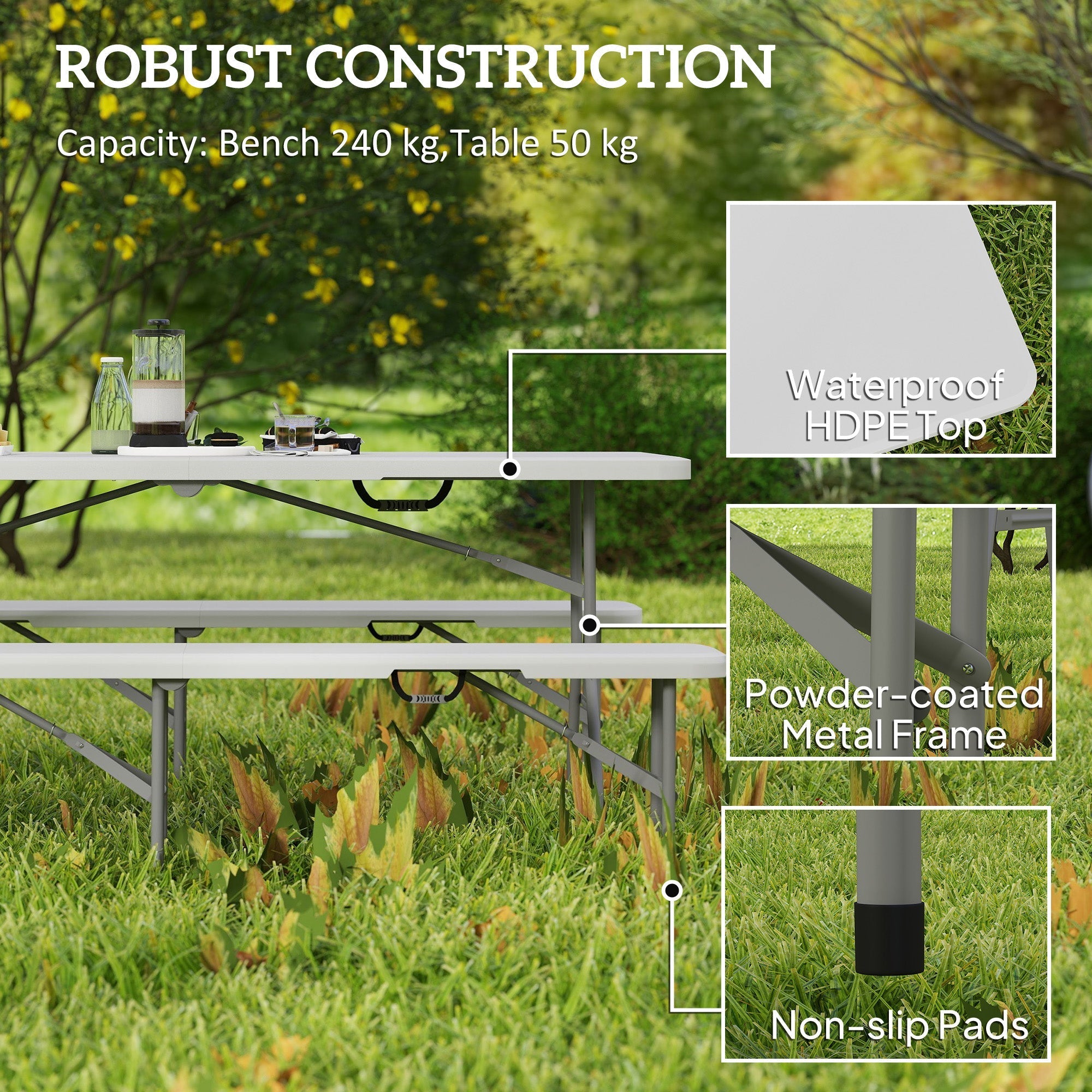 Outsunny 3 Piece 6ft Folding Picnic Table and Bench Set, Portable HDPE Camping Table and Chairs with Carrying Handles for Indoor Outdoor, Dining, Camping, Picnic, BBQ, Party, White