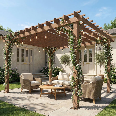 Outsunny 3 x 3 m Wooden Pergola Kit, Garden Pergola Gazebo Grape Trellis with Triangle Supports, Maple Wood-effect