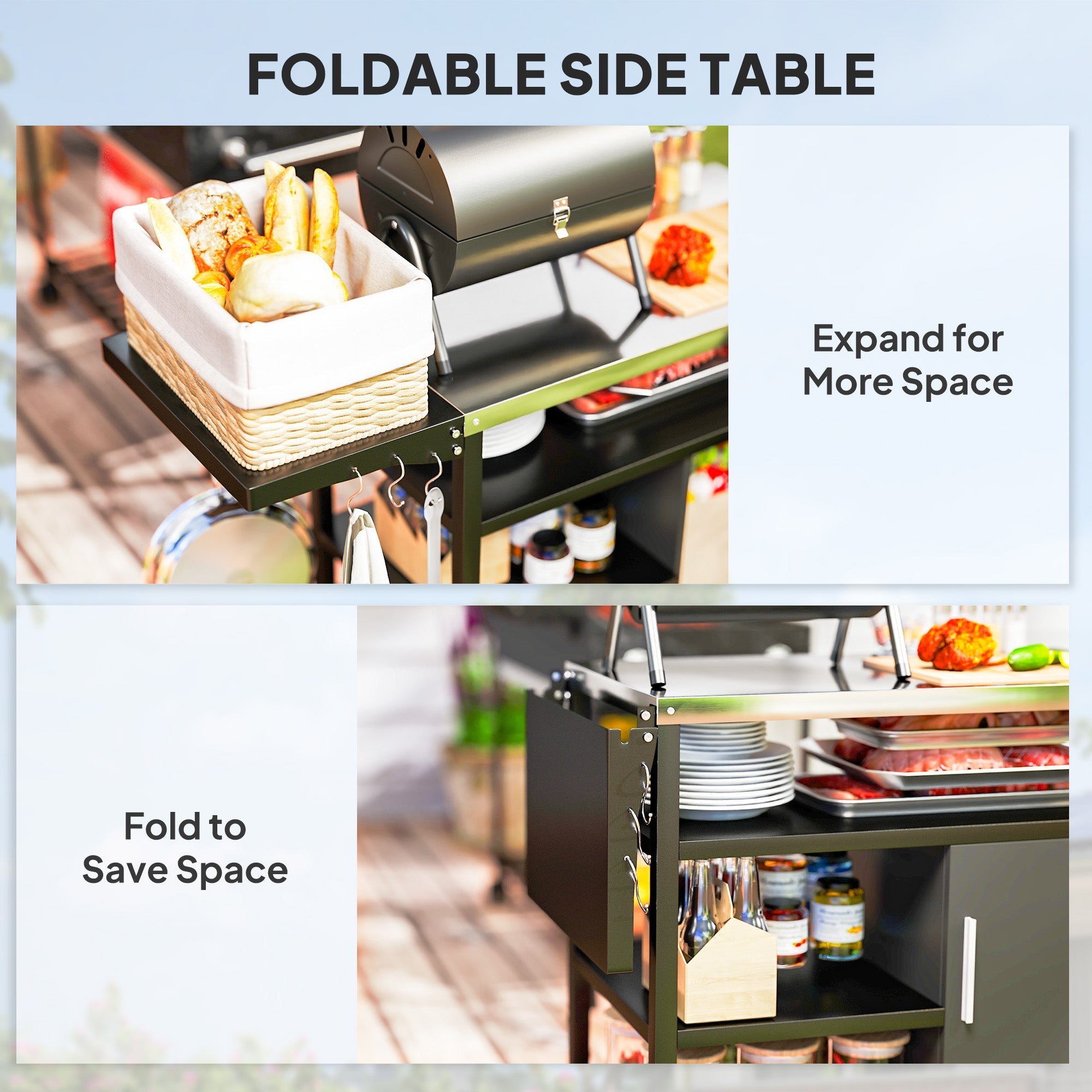 Outsunny Outdoor BBQ Trolley with Foldable Side Table, Stainless Steel Top, Outdoor Kitchen with Wheels Hooks Shelves Cabinet, Pizza Oven Table Movable Outdoor Grill Dining Cart with Cover, Black