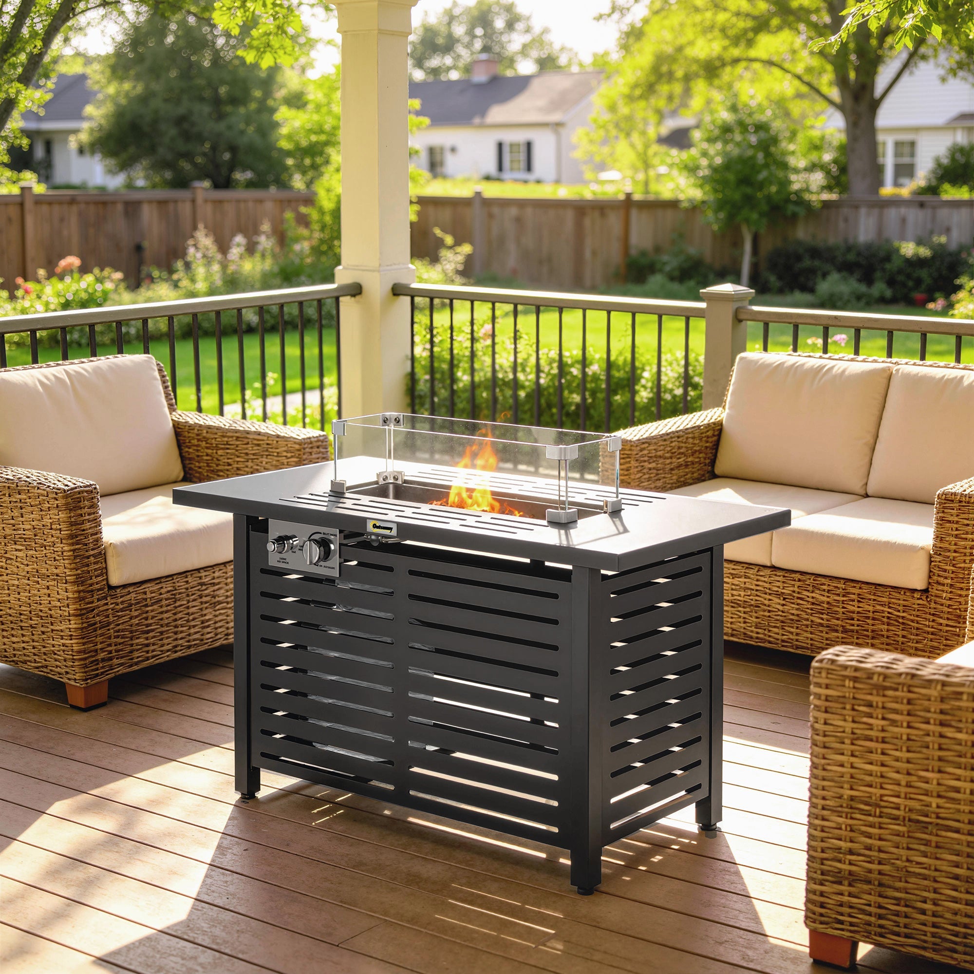 Outsunny Propane Gas Fire Pit Table, Outdoor Firepit with 43" Steel Tabletop and Lid, 50,000 BTU Pulse Ignition Fire Table w/ Stainless Steel Burner, Glass Wind Guard, and Cover