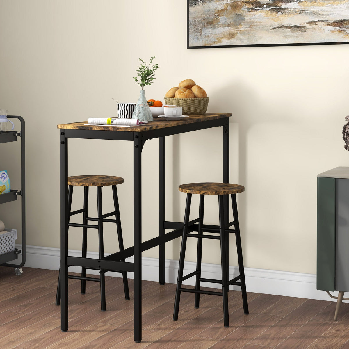 HOMCOM 3 Piece Bar Table Set with 2 Stools, Industrial Bar Table and Stool Set, Dining Table and Chair Set, Rustic Brown