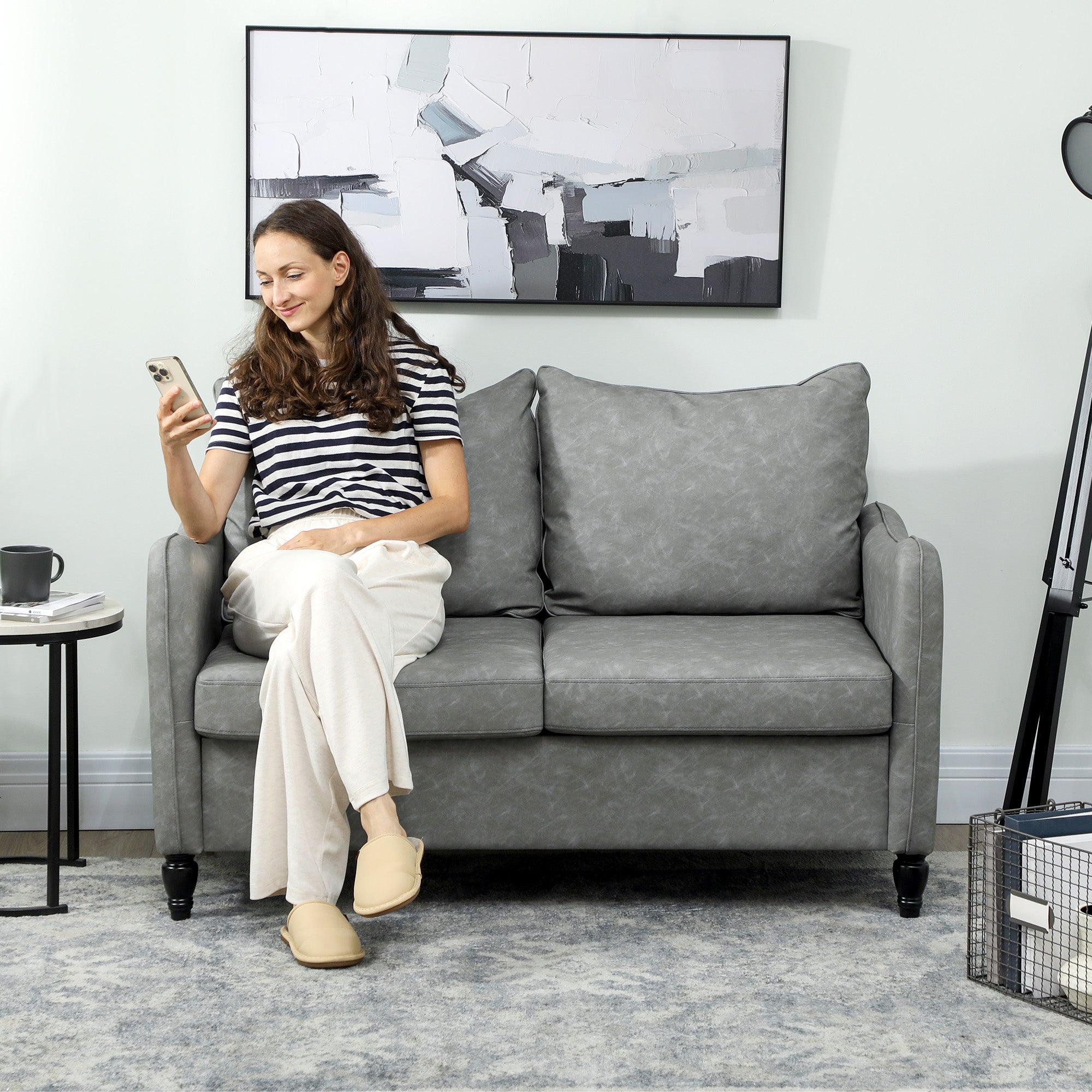 HOMCOM Faux Leather Marble-Effect Two-Seater Sofa - Grey