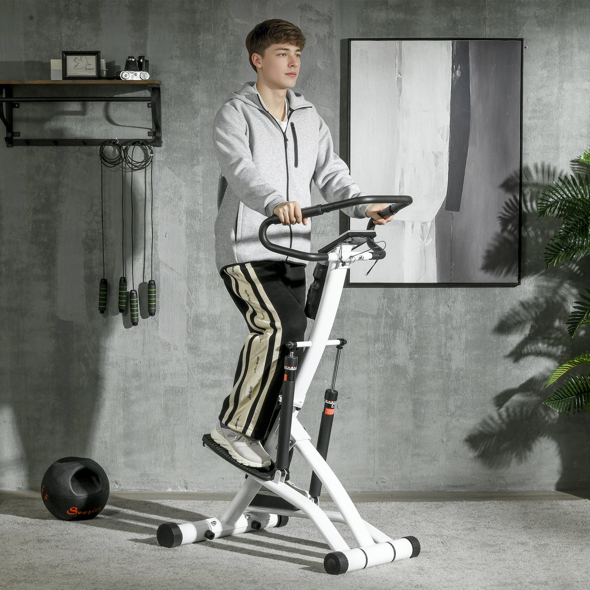 SPORTNOW Foldable Stepper Machine with 12-Level Hydraulic Resistance, Step Machine Exerciser with LCD Monitor and Drink Holder, for Home Fitness Workout, White and Black
