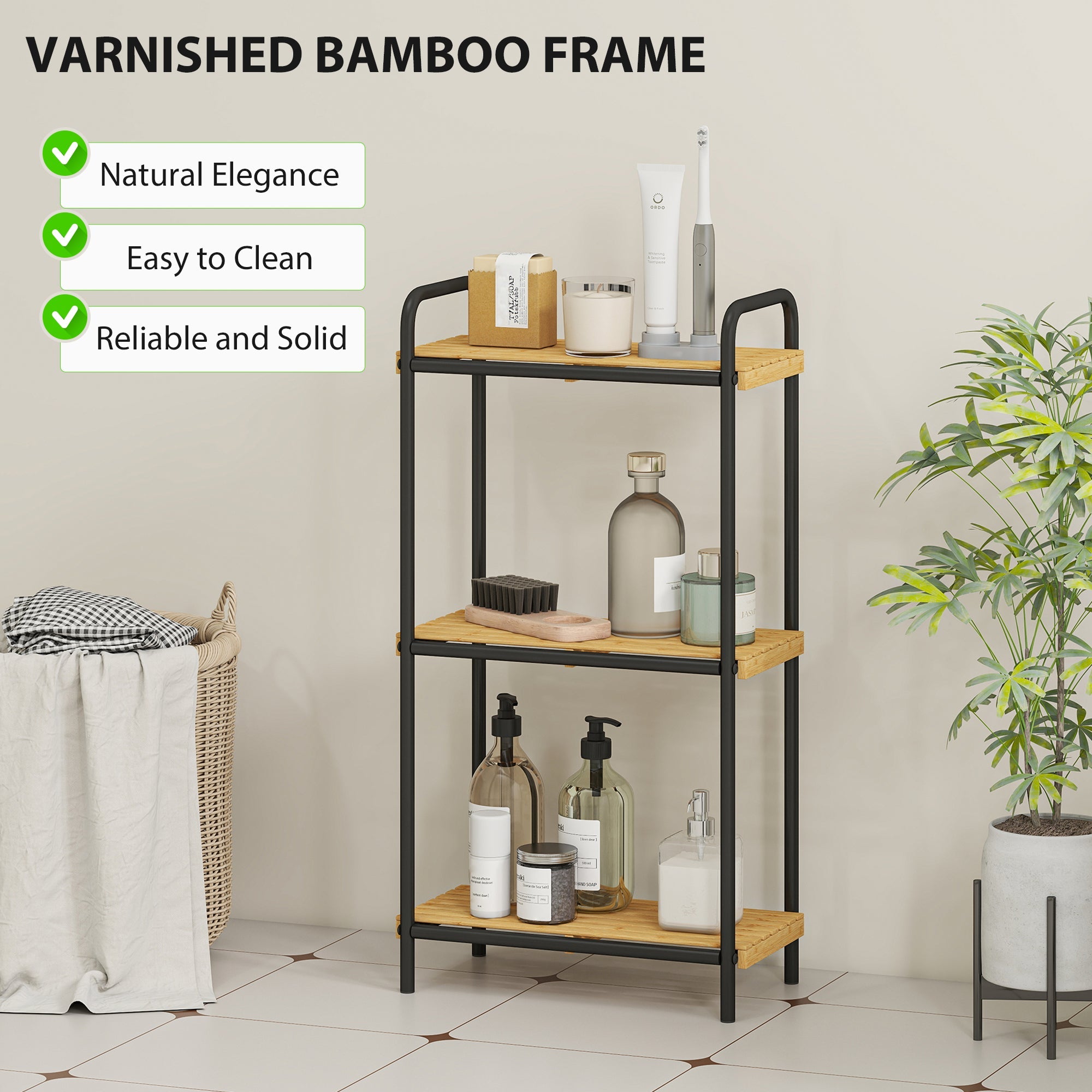 HOMCOM 3-Tier Bamboo Bathroom Storage Shelf, Freestanding Narrow Shelving Unit with Slatted Shelves for Kitchen Bathroom Living Room, 41.5 x 21.5 x 77.5 cm, Natural and Black