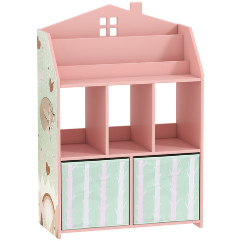 AIYAPLAY Kids Bookshelf with Storage, Toy Storage Unit with Book Display, Shelves and Fabric Drawers for Playroom Nursery, Pink