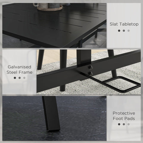 Outsunny Rectangle Garden Dining Table with Parasol Hole, Patio Table with Steel Frame and Slat Tabletop, 150cm x 90cm, Black