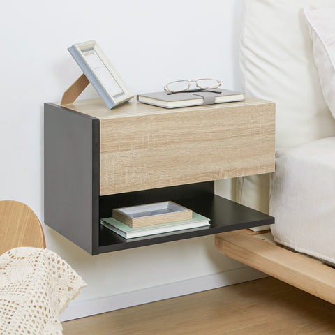 HOMCOM Floating Bedside Table Set of 2, Wall Mounted Bedside Cabinet with Drawer and Open Shelf, Modern Nightstand for Bedroom, 46 x 30 x 30 cm, Oak Tone