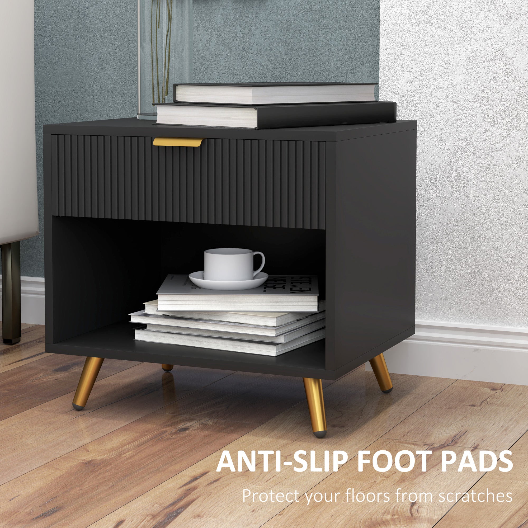 HOMCOM Elegant Bedside Table Set of 2, with Drawer and Shelf - Black/Gold Tone
