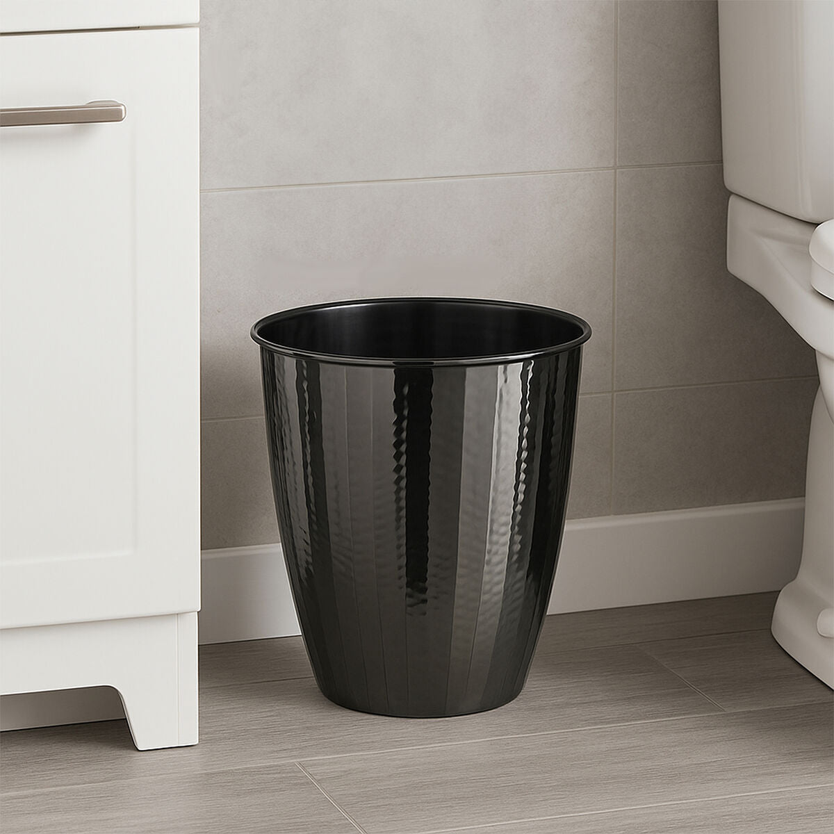 Vaco hammered black nickel finish waste bin with sleek cylindrical design made of black hammered metal
