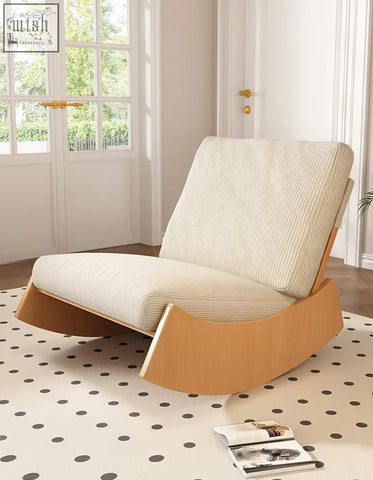 Beige ribbed corduroy fabric valdez rocking lounge chair with light wood frame rocking chair for relaxing