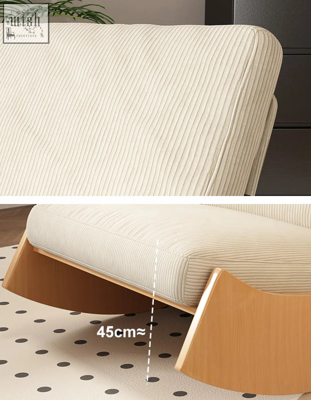 Cream-colored corduroy valdez rocking lounge chair with a sleek wooden rocking base for cozy relaxation