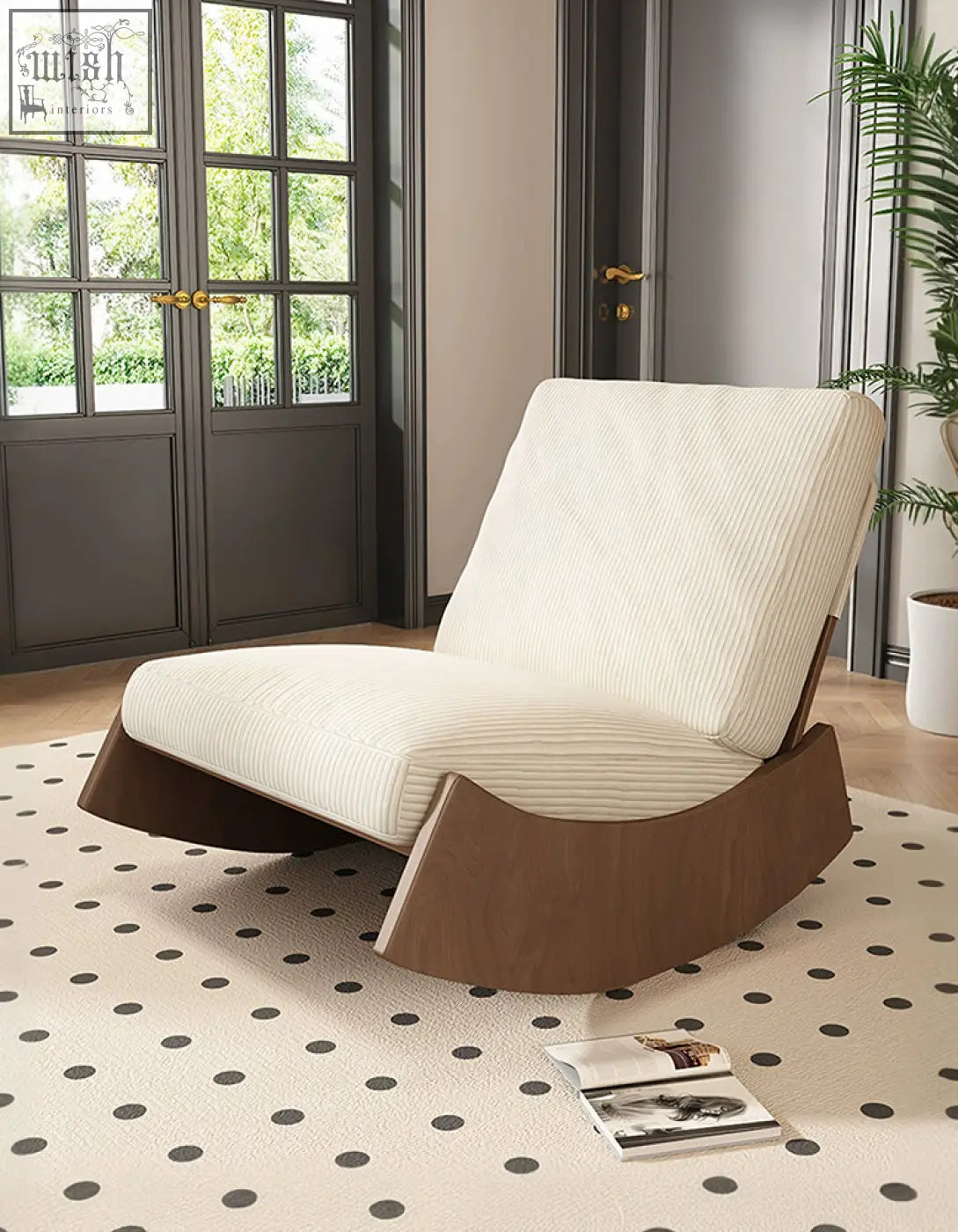 Cream-colored ribbed fabric valdez rocking lounge chair with sleek modern wooden base rocking chair for relaxing