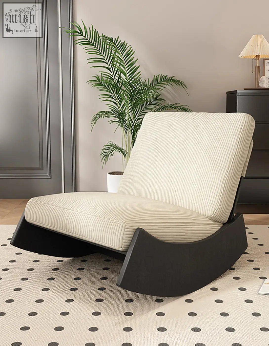 Cream-colored corduroy valdez rocking lounge chair with sleek black wooden base perfect for relaxing rocking chairs