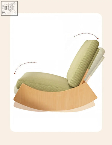 Modern minimalist valdez rocking lounge chair with light green corduroy upholstery and curved wooden base