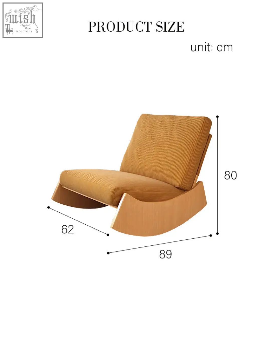 A modern mustard yellow corduroy valdez rocking lounge chair with a minimalist design and wooden base
