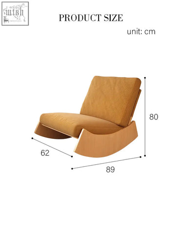 A modern mustard yellow corduroy valdez rocking lounge chair with a minimalist design and wooden base