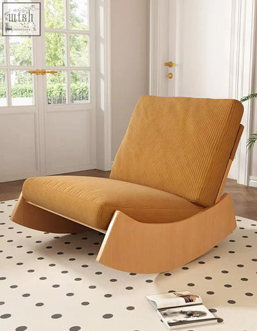 Mustard yellow corduroy valdez rocking lounge chair with sleek wooden base perfect for comfortable rocking chairs setup