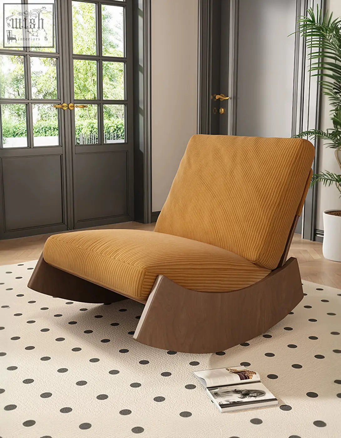 Mustard-yellow corduroy valdez rocking lounge chair with a sleek dark wood base perfect for relaxing rocking chairs