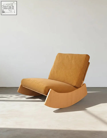 A sleek mustard-yellow valdez rocking lounge chair made of corduroy fabric and a minimalist wooden frame