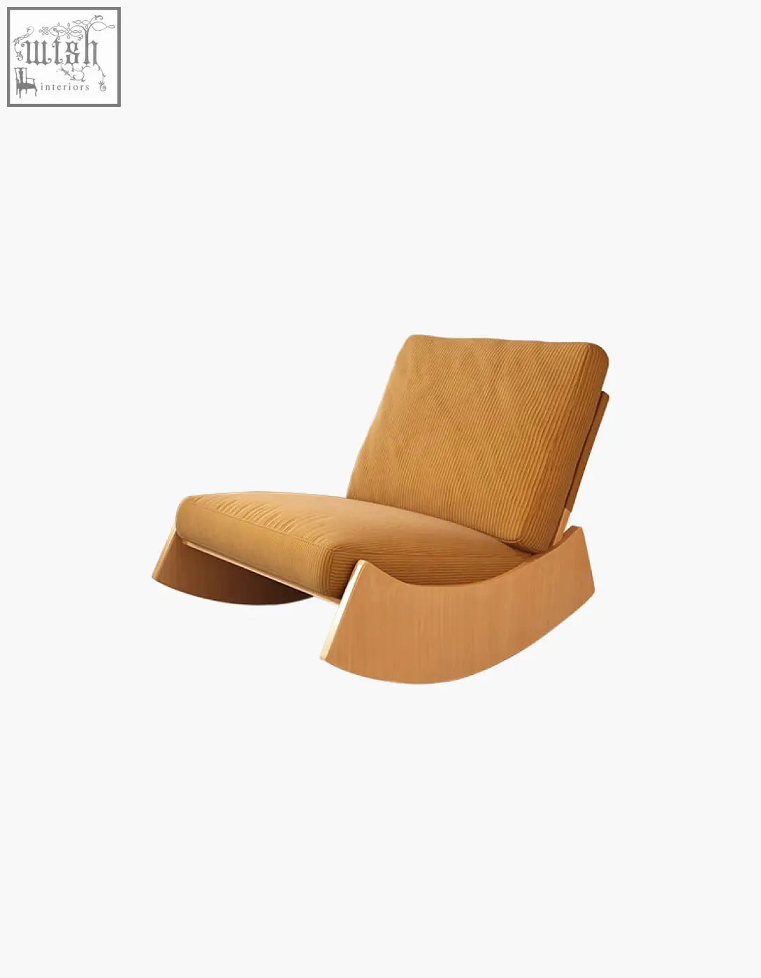 Warm mustard-colored corduroy valdez rocking lounge chair with a sleek minimalist wooden base perfect for relaxation