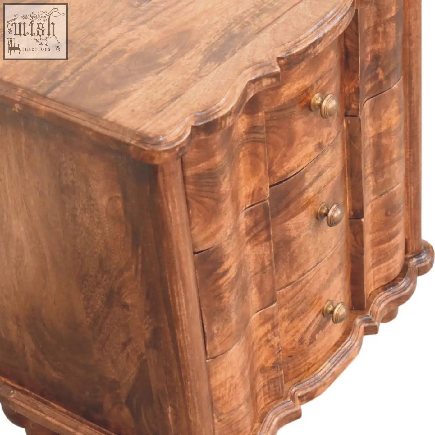 Valencia bedside table solid mango wood antique style warm brown finish curved edges brass knobs bedside table