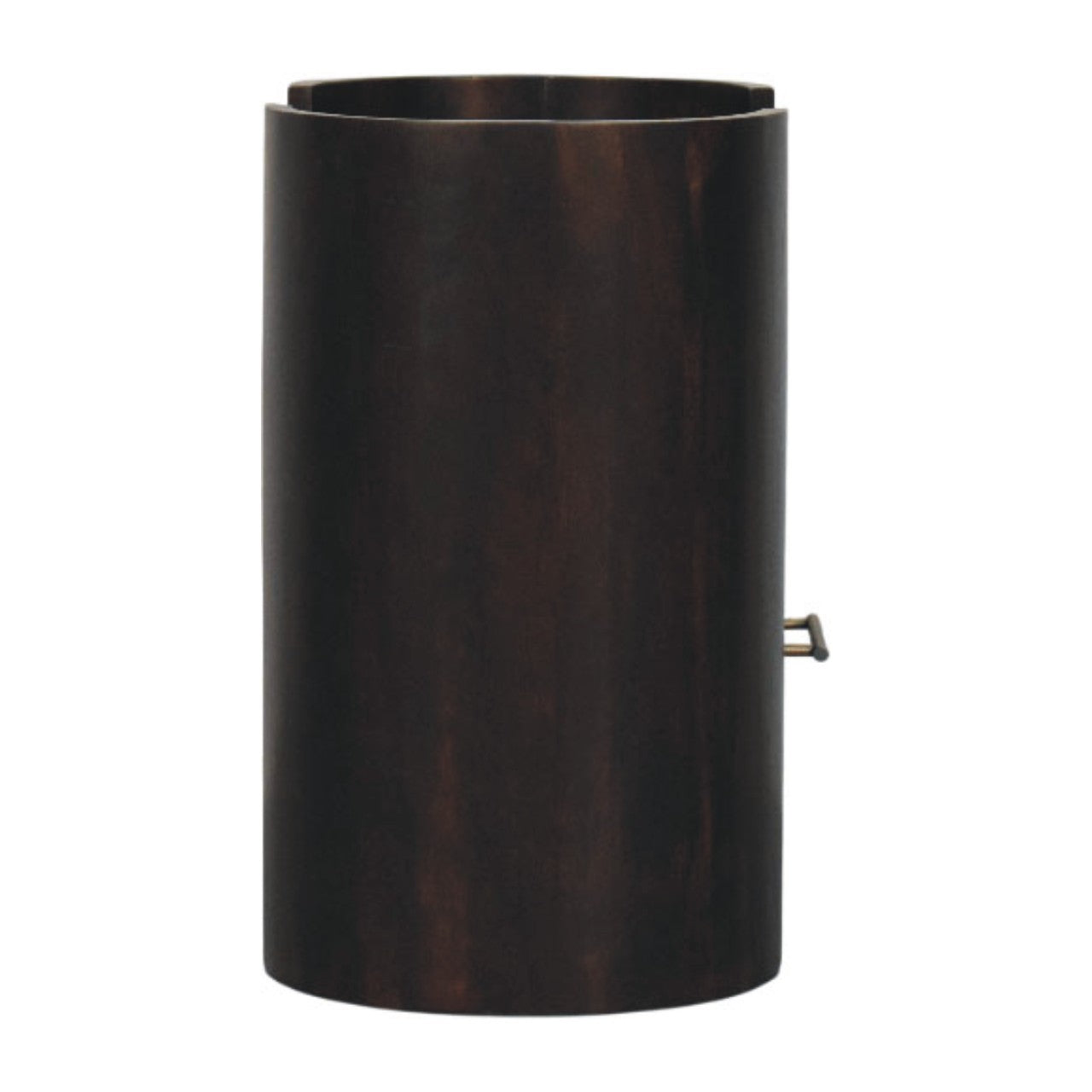 Dark brown cylindrical wooden wastebasket with subtle grain texture and small metallic latch for valencia bedside table