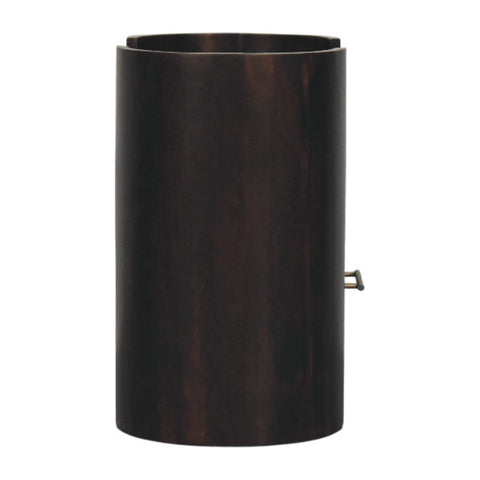 Dark brown cylindrical wooden wastebasket with subtle grain texture and small metallic latch for valencia bedside table