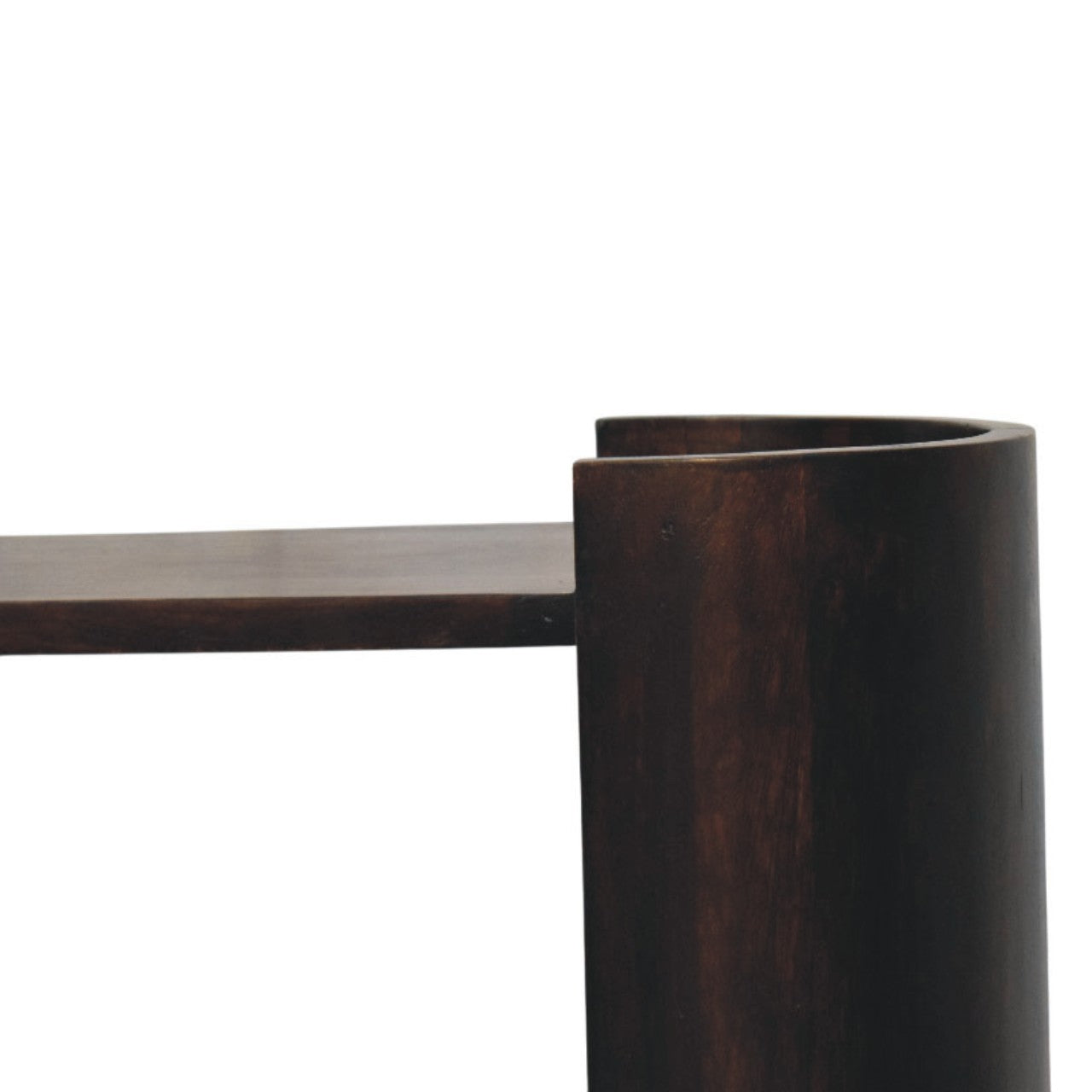 Dark brown wooden valencia bedside table with curved minimalist design perfect for stylish bedroom storage